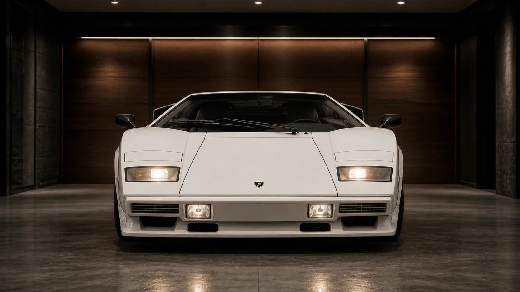 White Lamborghini Countach in a dark luxury garage — garage scene for a modern desktop organizer interface