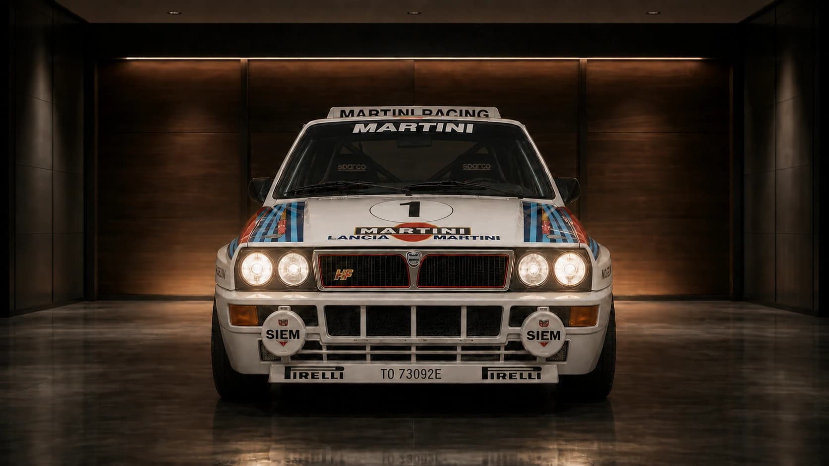Lancia Delta Martini Rally Car in a dark luxury garage — rally car wallpaper for an efficient desktop file workflow