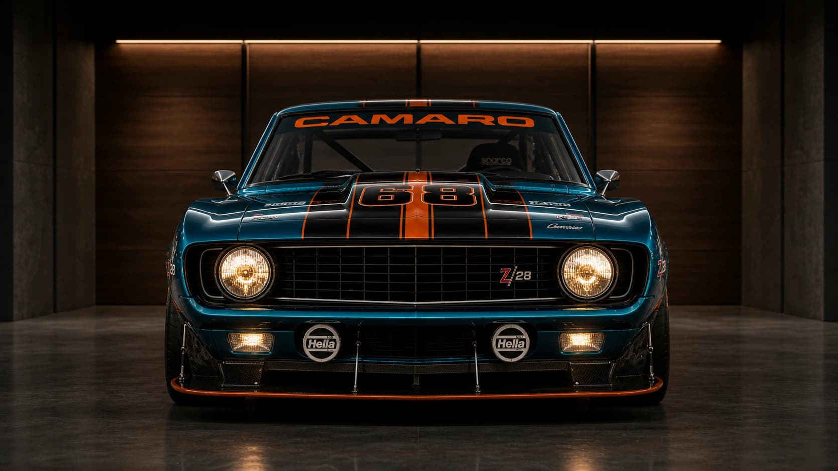 Teal Camaro Z28 with Orange Stripes in a dark luxury garage — performance coupe background for desktop customization