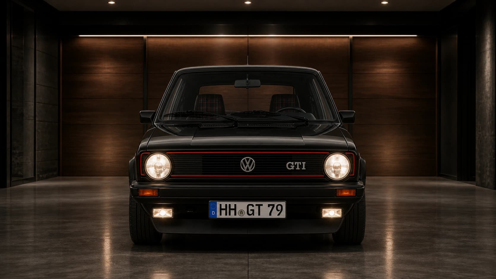 Black Volkswagen Golf GTI in a dark luxury garage — hot hatch background for simple desktop file management