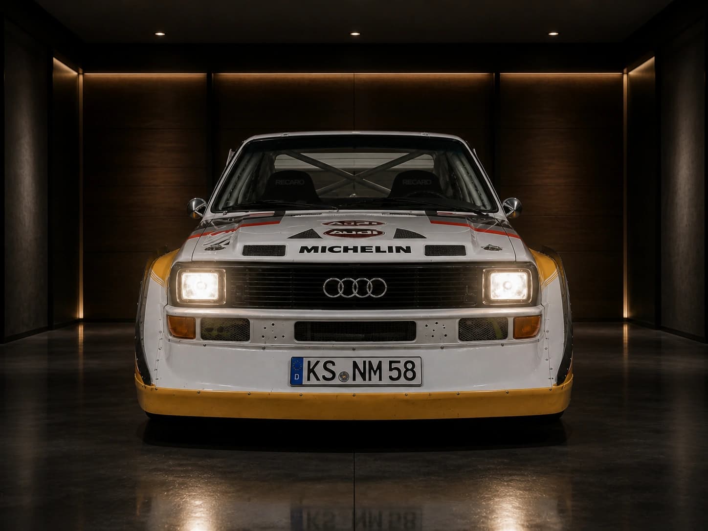 White Audi Quattro Rally Car in a dark luxury garage — rally legend background for a structured Windows desktop