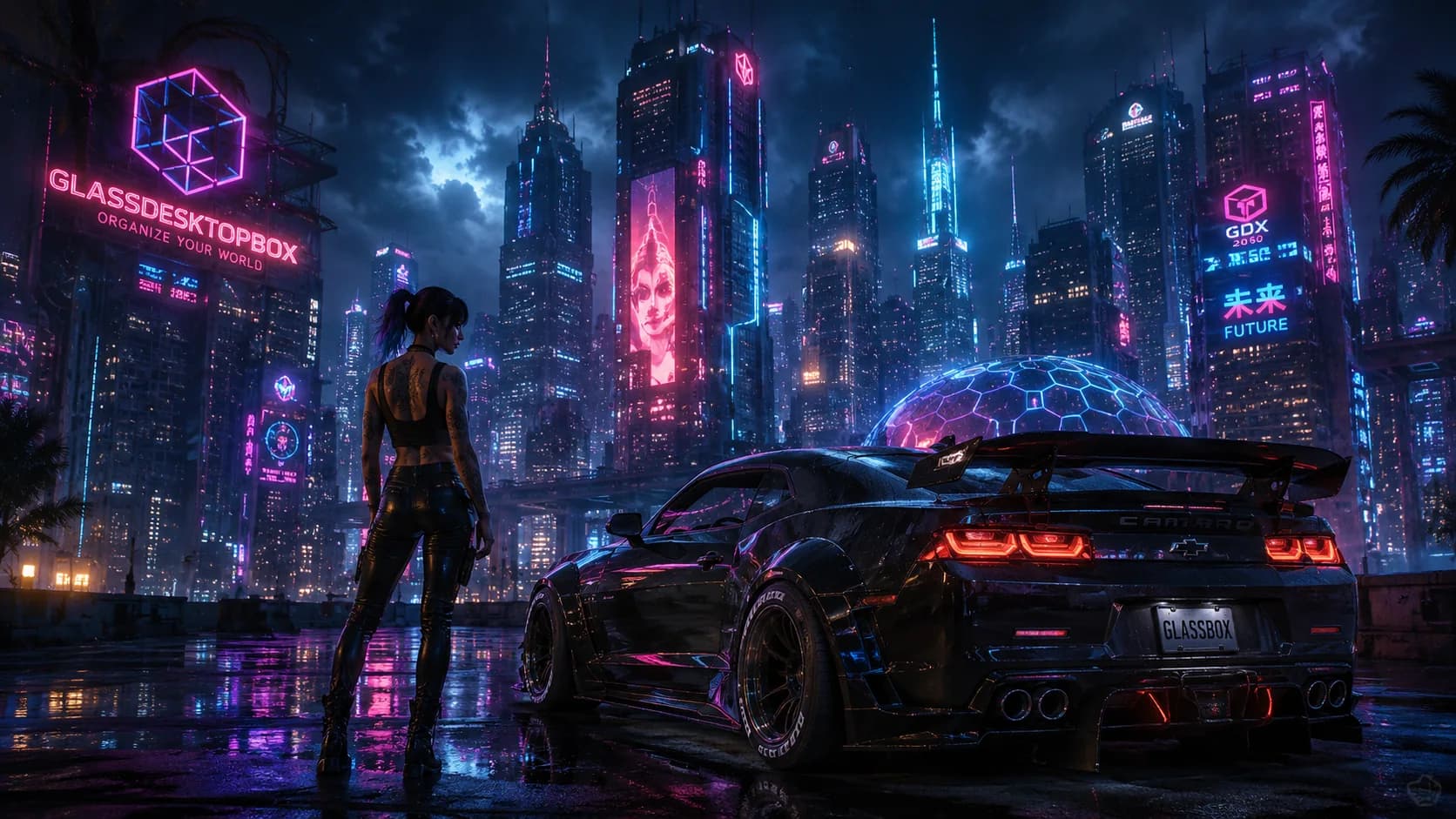 Futuristic concept car in a neon city — automotive wallpaper for a clean desktop after organizing files