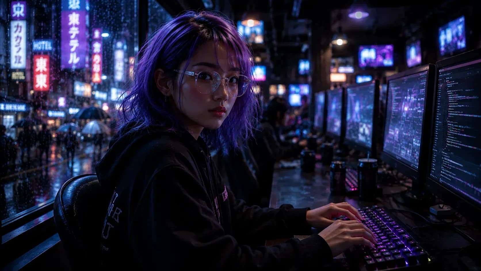 Coding dashboard night workspace surrounded by illuminated Asian city signs