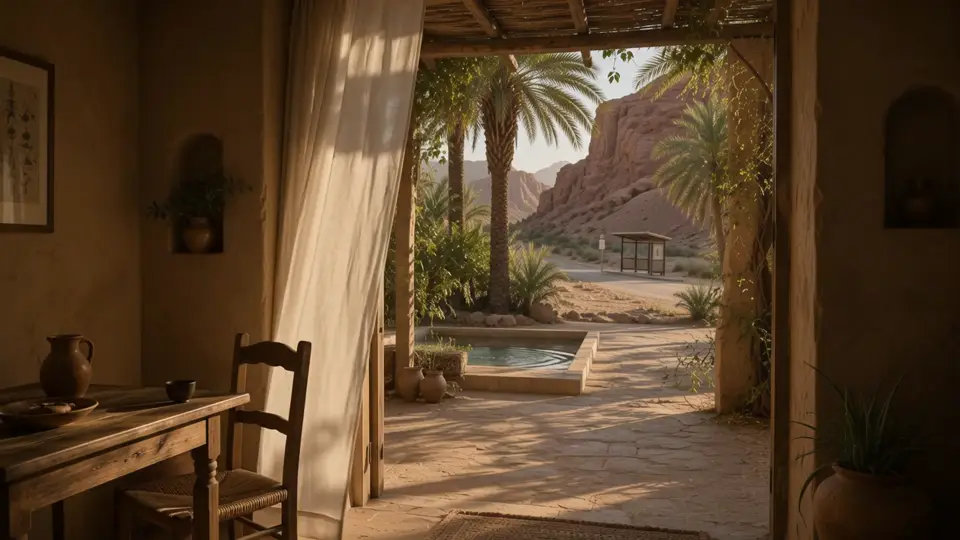 A light curtain moves beside a tranquil desert oasis in warm morning light.