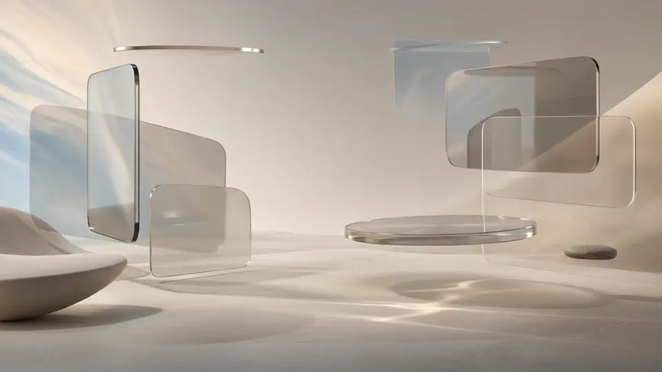 Transparent glass panels hover and rotate in a bright minimalist room.