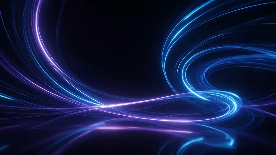 Blue and violet light trails sweep through a dark abstract space.