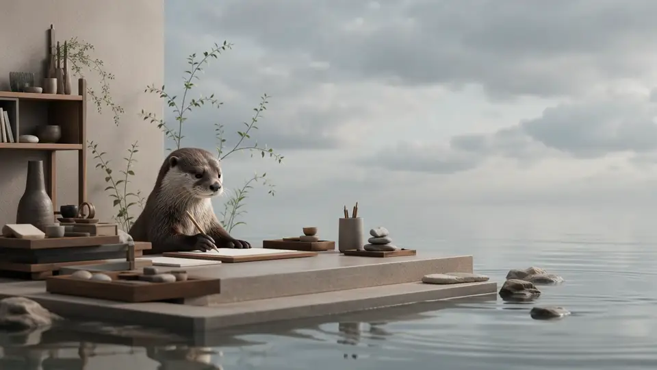 Una nutria escribe en un escritorio sereno frente a un mar claro y abierto.