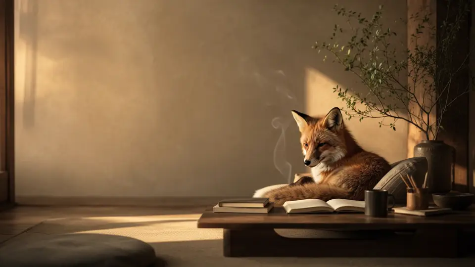 A fox rests beside an open book and a warm cup in golden light.