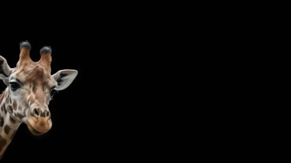 A giraffe stretches its long neck into the frame against a black background.