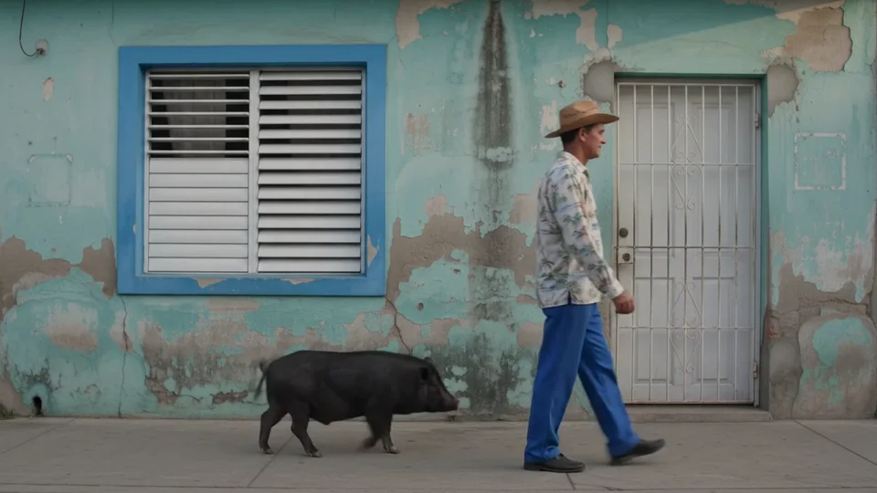 Una persona y un cerdo caminan juntos por una calle llena de color.