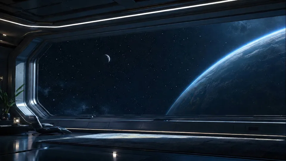 Tiras de luz brillan en una tranquila cubierta de observación sobre la Tierra.
