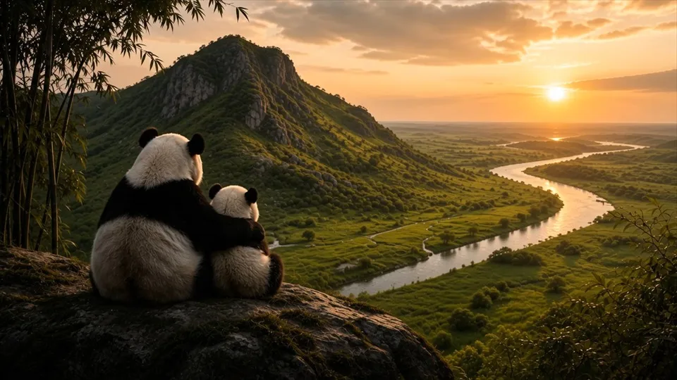 Los pandas contemplan un valle verde bajo la luz del atardecer.