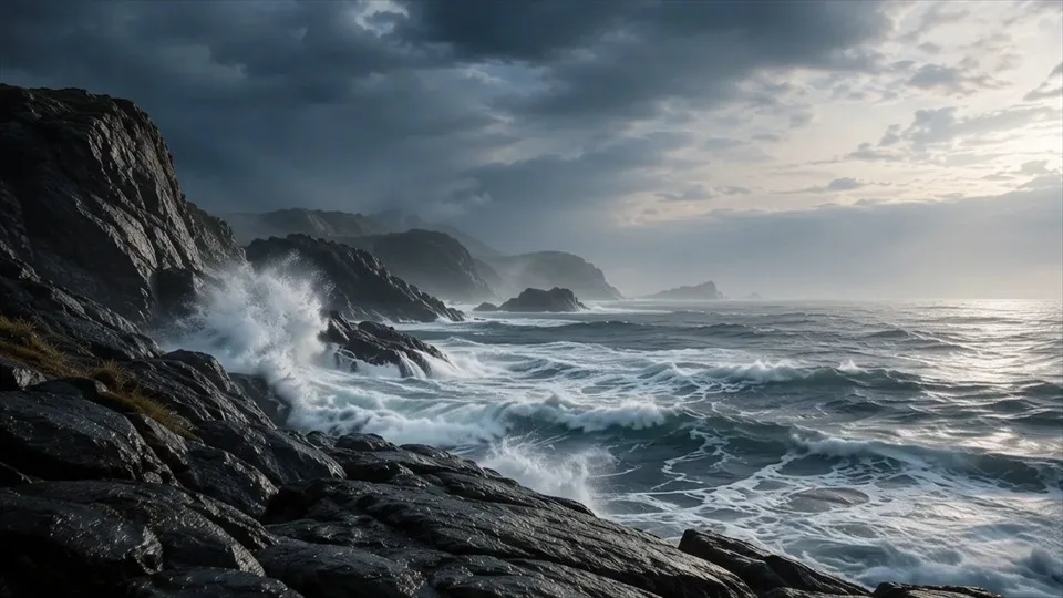 Las olas rompen contra una costa rocosa bajo nubes dramáticas.