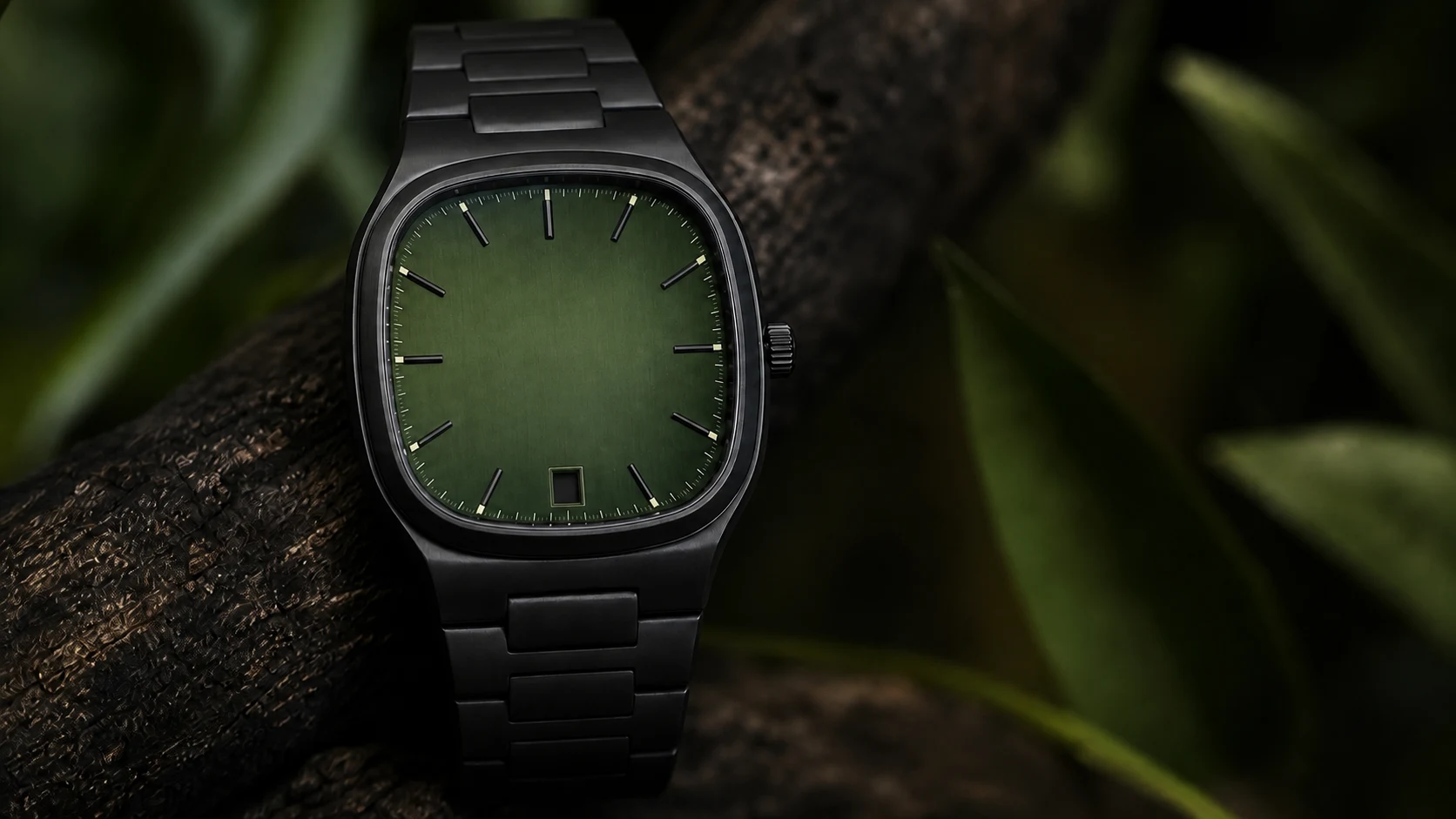 Black Green Precision — A black steel watch with a deep green dial shows the computer's current local time and date.