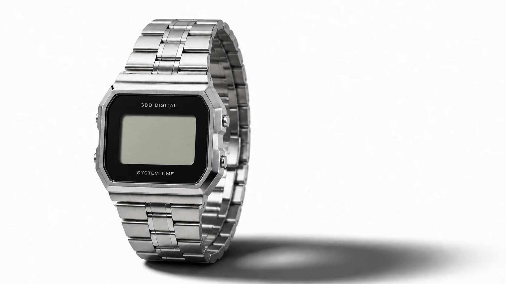 Hora digital del sistema en plata — Un reloj digital plateado muestra el día, la fecha y la hora del ordenador, incluidos los segundos.