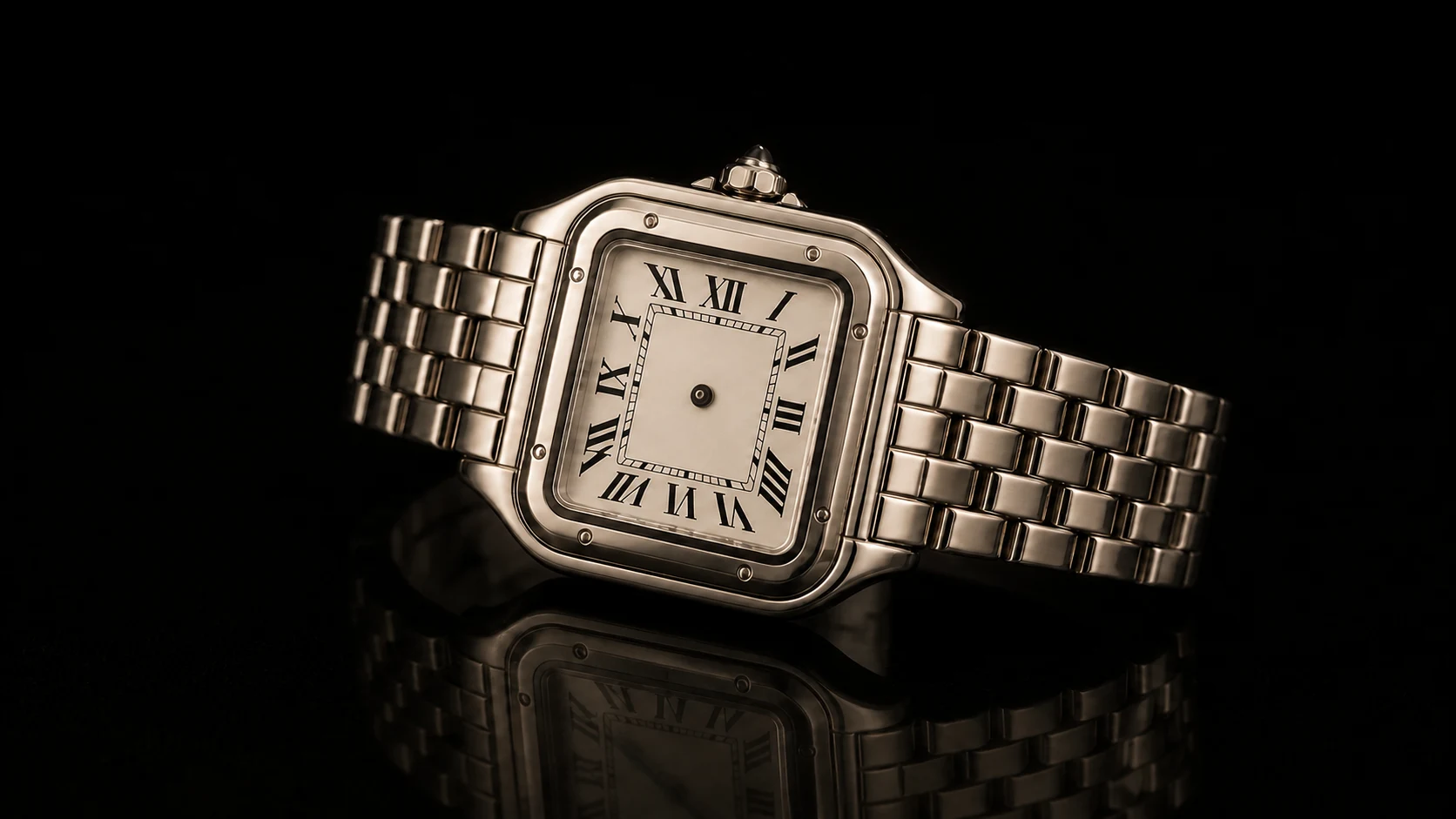 Warm Rectangular Classic — An elegant rectangular silver watch in warm light shows the computer's current local time.