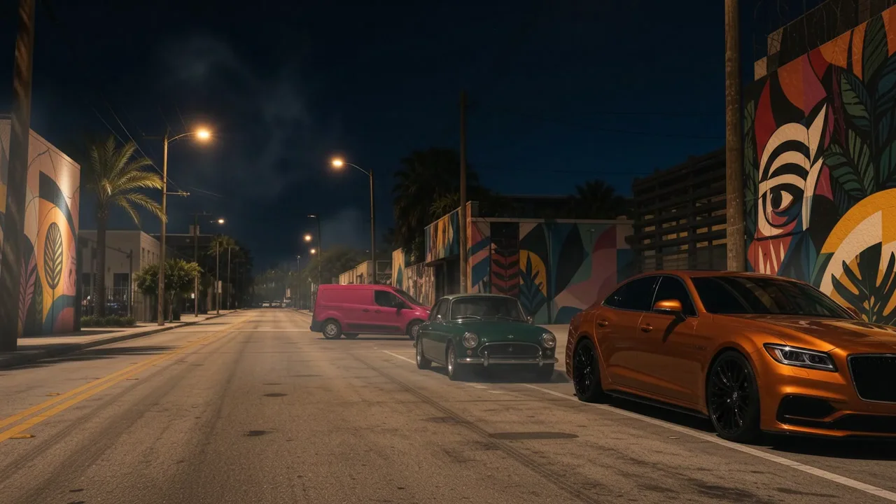 City Street at Night — Streetlights and parked cars animate a colorful city district after dark.