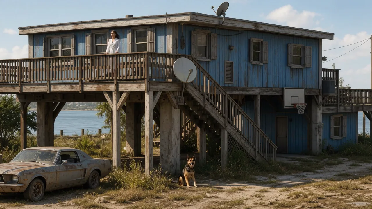 Refugio costero — Una casa costera desgastada, su residente y un perro forman un tranquilo puesto del mundo de juego.
