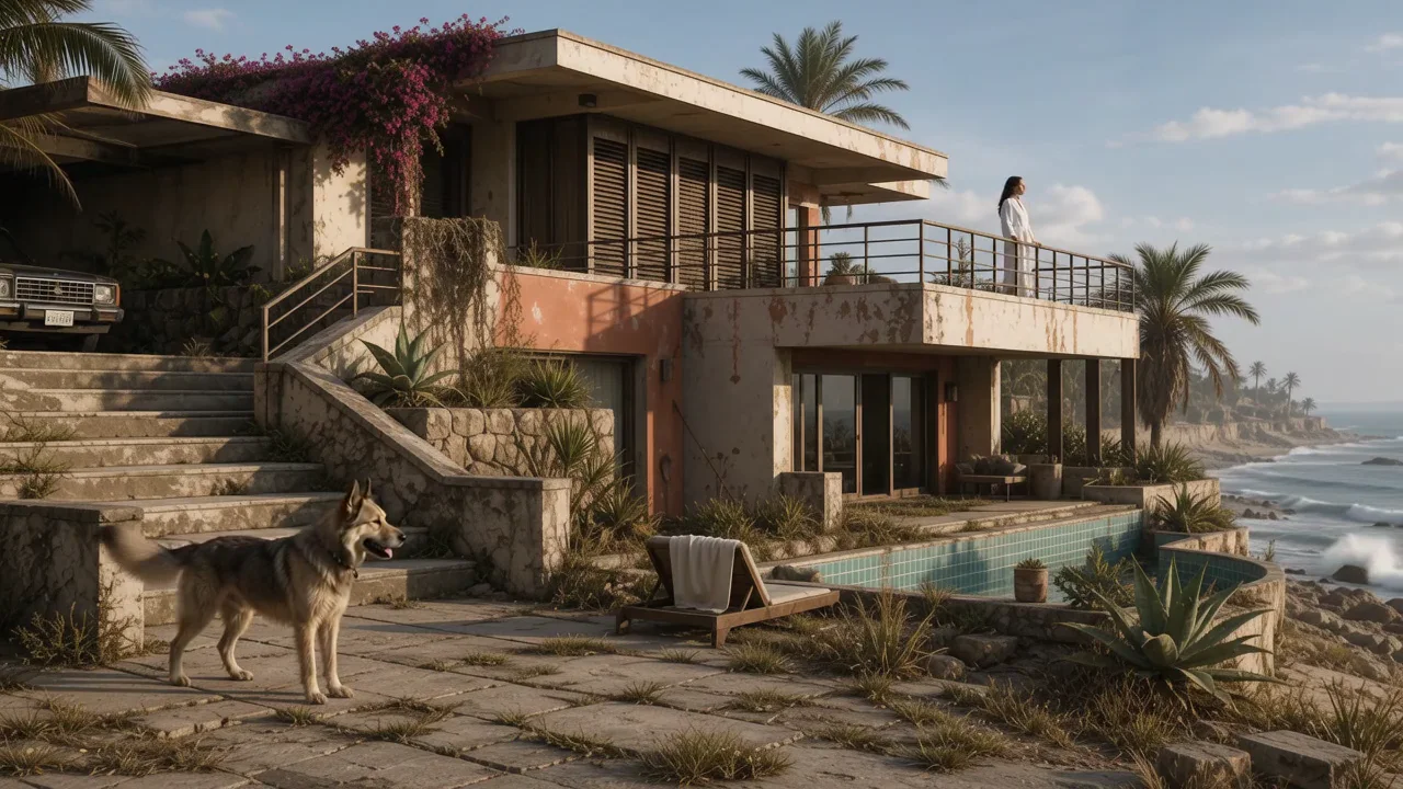 Oceanfront Companion — A woman and her dog overlook an oceanfront game-world retreat.