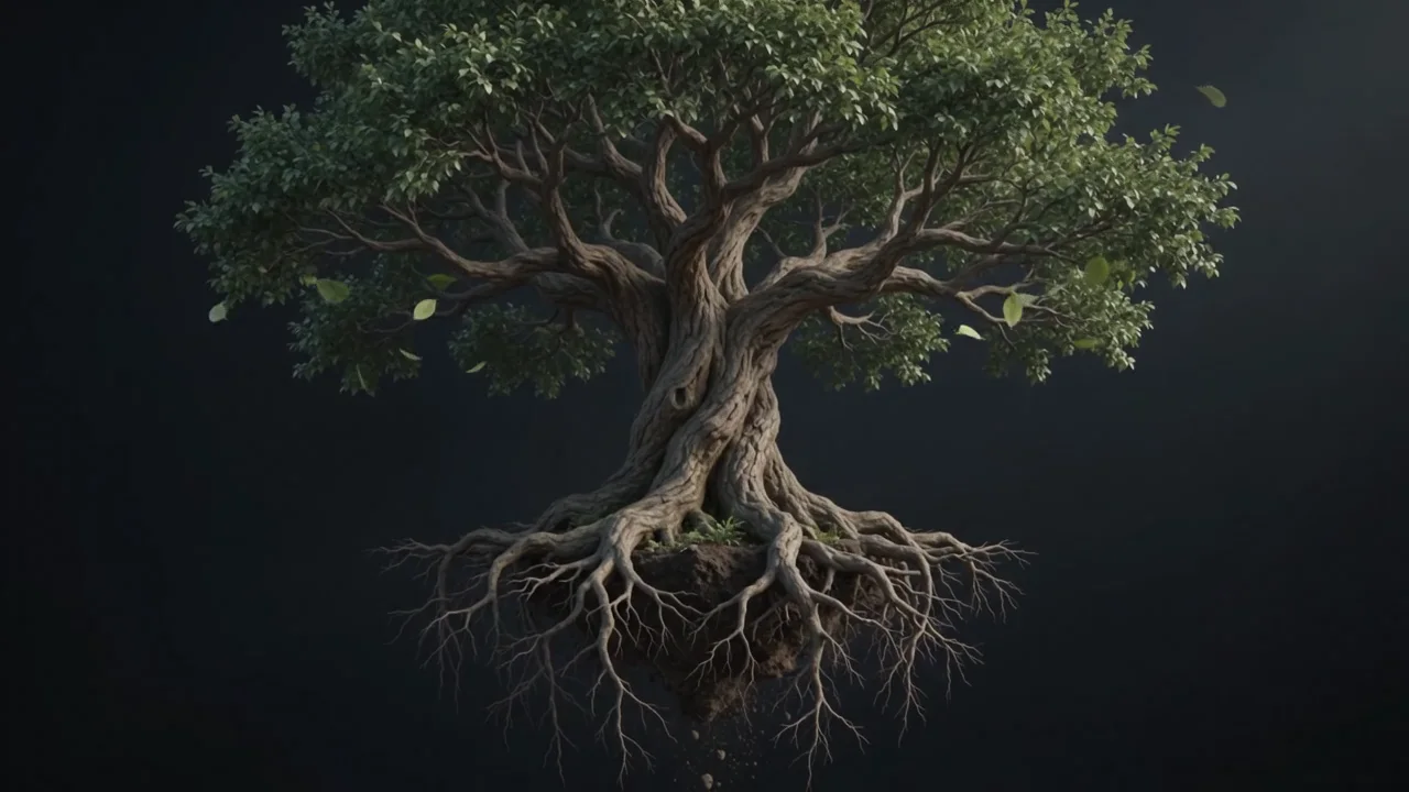 Árbol ancestral flotante — Árbol ancestral flotante cobra vida como una animación surrealista y silenciosa para las cajas y el escritorio.