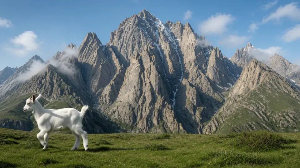 Una cabra blanca corre por una pradera alpina bajo escarpadas cumbres.