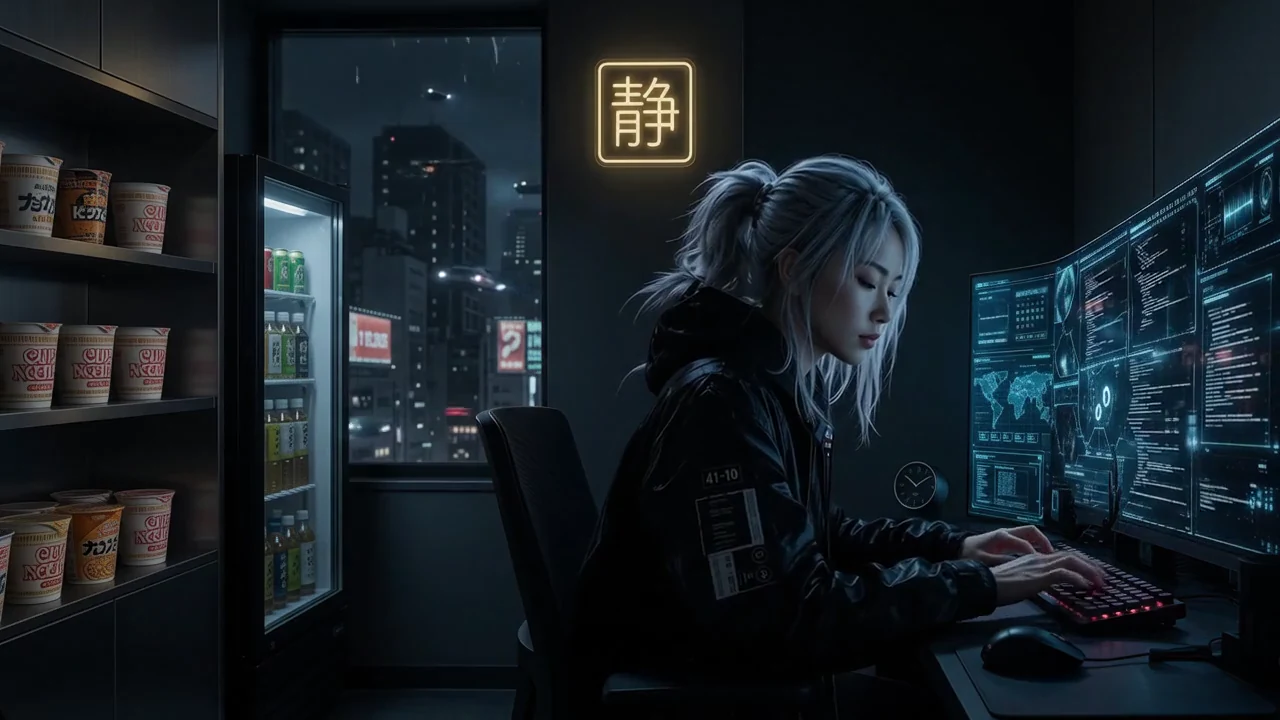 A woman types at a futuristic workstation while luminous interfaces respond around her.