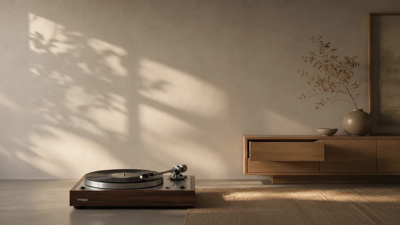 A turntable and drawer move in a quiet, nostalgic interior.