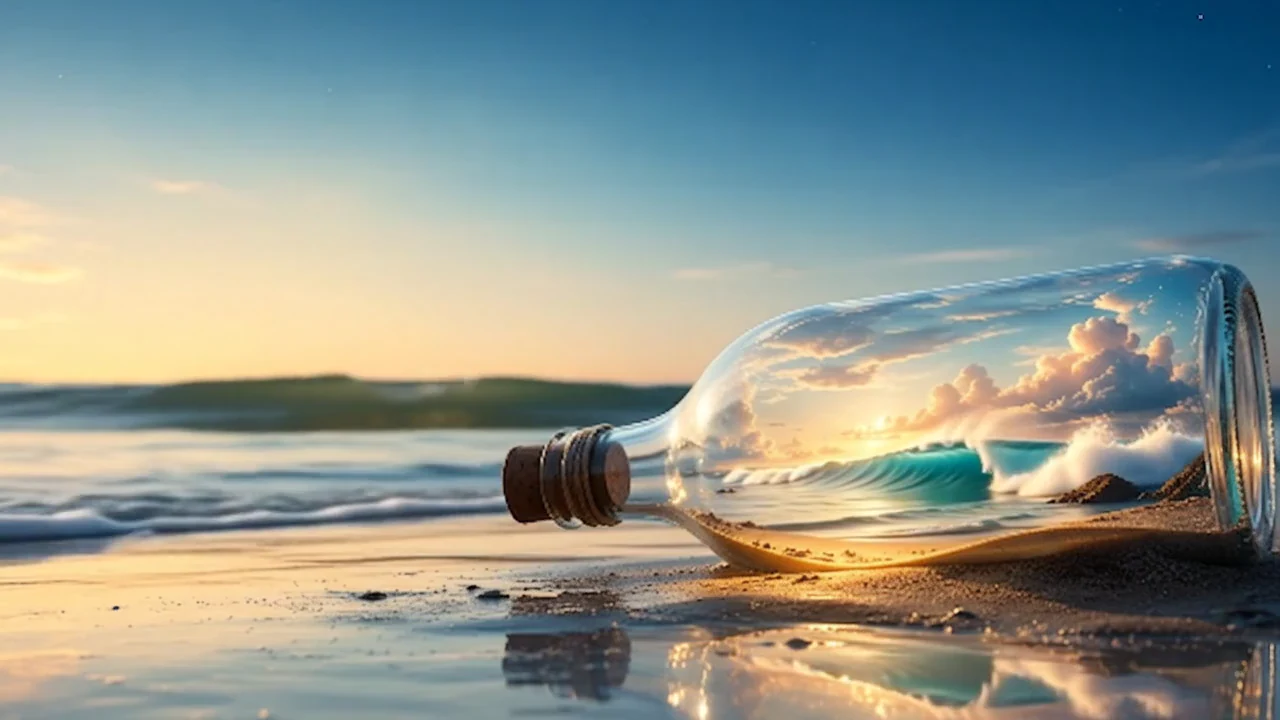 A glass bottle rests on the beach while sea and light move around it.