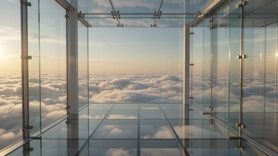 A glass penthouse floats above an endless ocean of clouds.