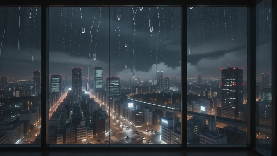 Rain traces the glass while Tokyo glows beyond the window.