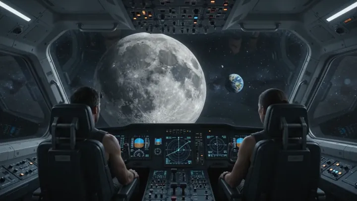 Nave acercándose a la Luna — Una nave se desliza hacia la Luna a través de la oscuridad del espacio.