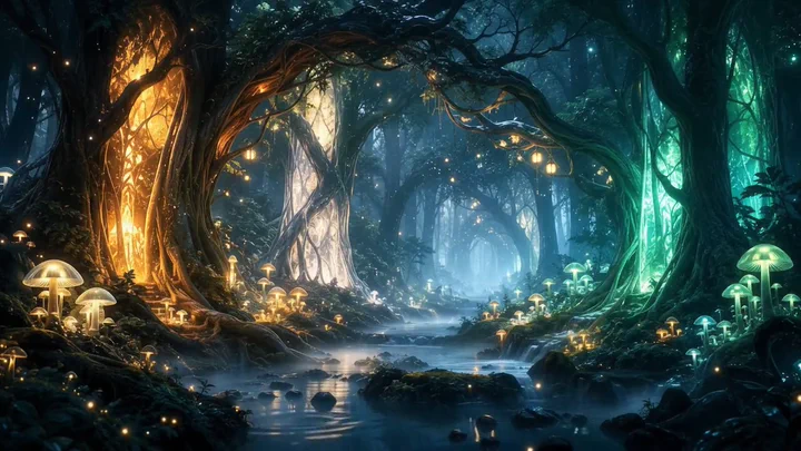 Forest Stream — A clear stream moves softly through a green forest.