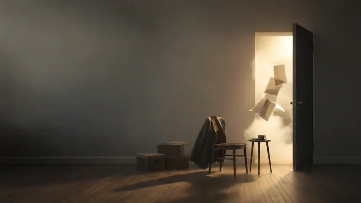 Mysterious Door — A luminous doorway opens into a shifting, dreamlike world.