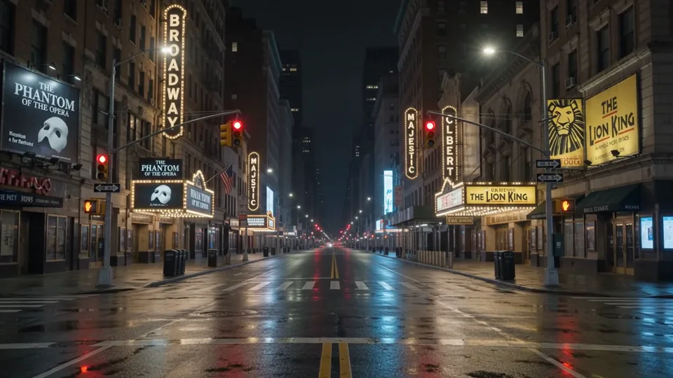 Un Broadway vacío brilla con carteles de teatros y lluvia después de medianoche.