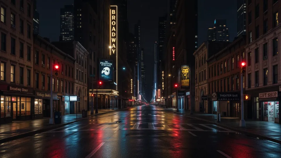 Red traffic lights pulse above rain-slick Broadway at night.