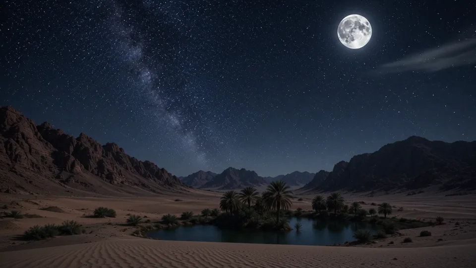 La luz de la luna y una brisa suave recorren un oasis apartado.