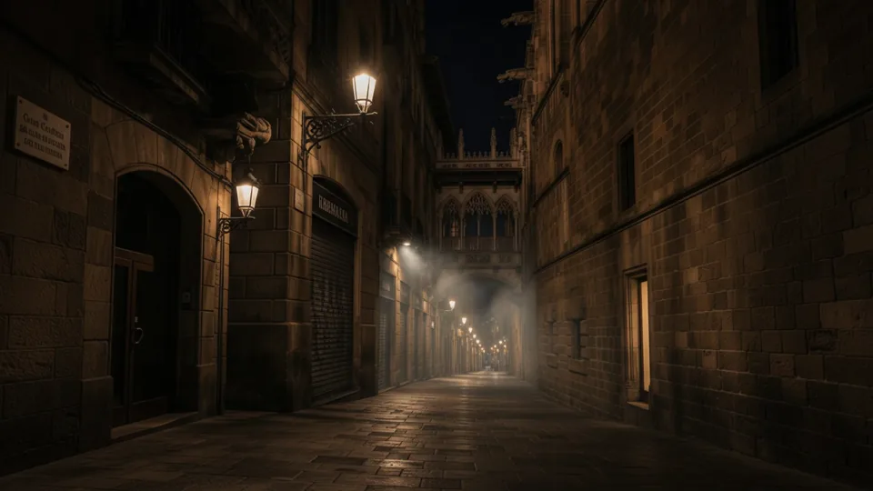 La bruma suave pasa por un puente gótico iluminado y antiguas calles de piedra.