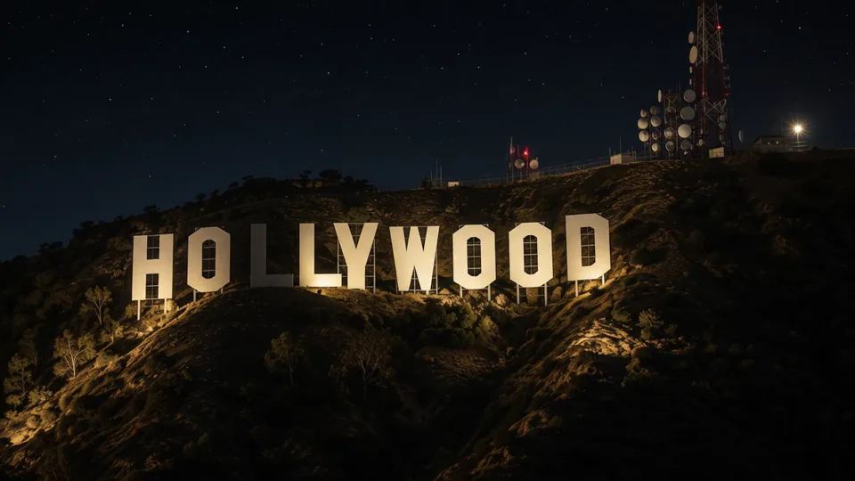 El letrero de Hollywood descansa bajo un campo de estrellas que se mueve lentamente.