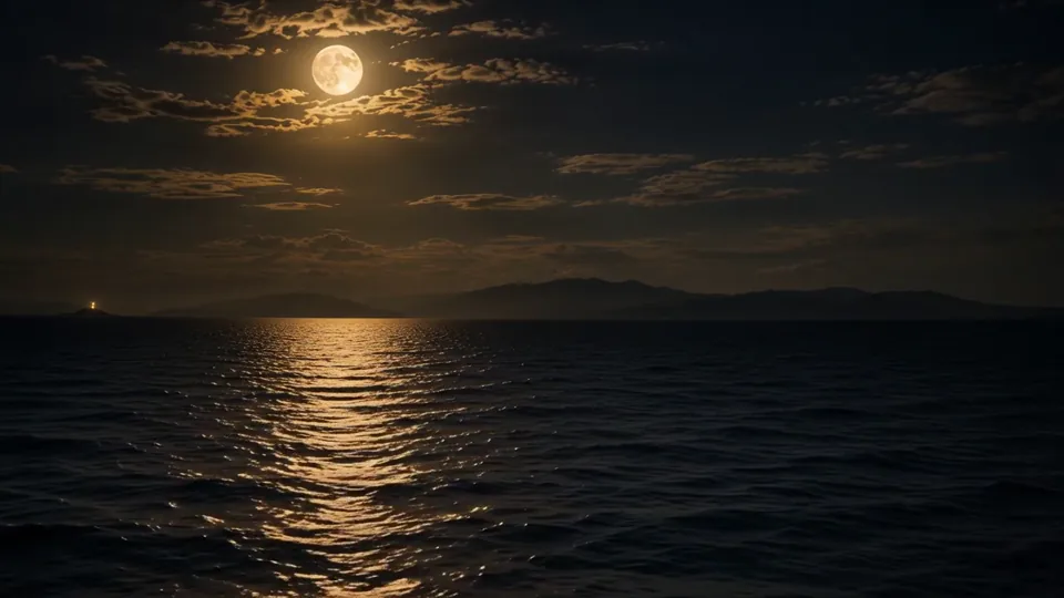 A full moon casts a silver path over slow ocean waves.