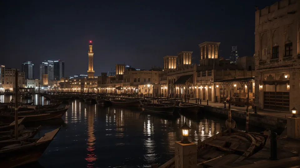 Warm harbor lights ripple across still water beneath a dark sky.