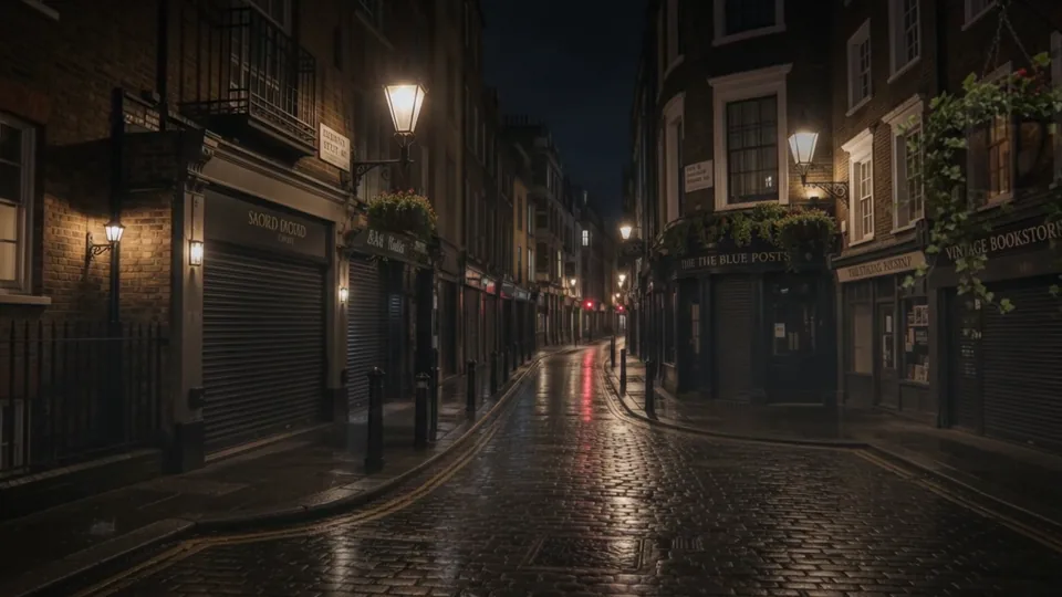 Rain shimmers across a quiet old-town street beneath warm lanterns.