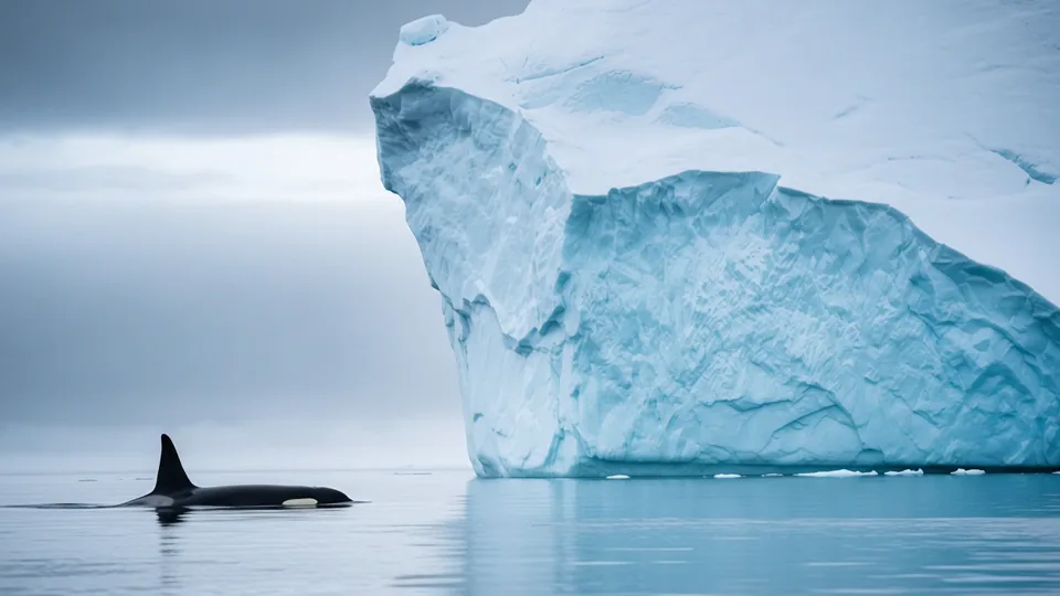 An orca glides through pale water beside a sculpted blue iceberg.