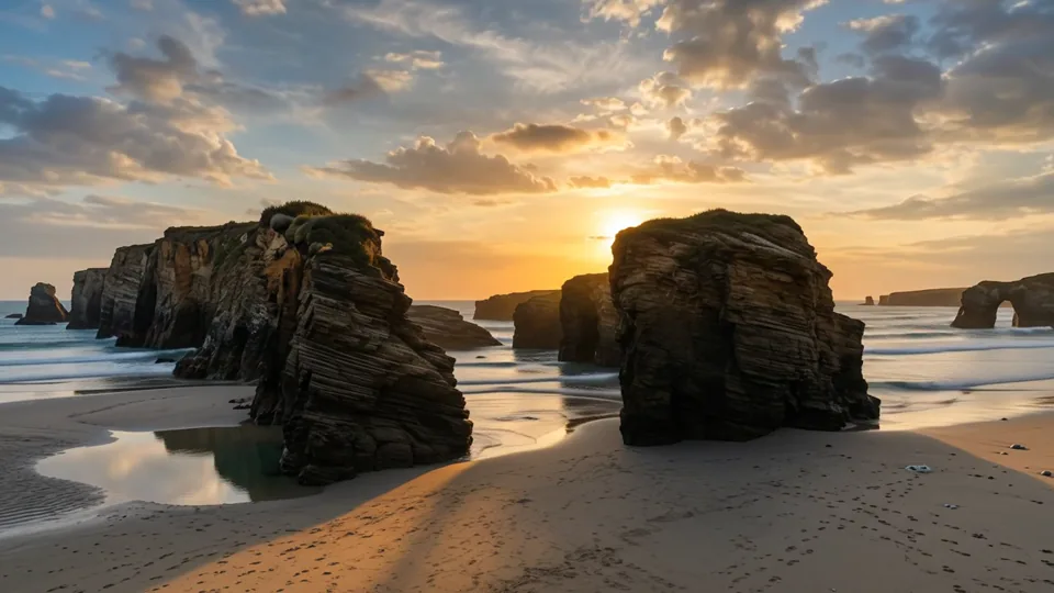 La cálida luz del atardecer recorre rocas marinas, arcos y arena mojada.