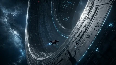 Arrival at the Ring. A spacecraft glides toward a monumental orbital station.