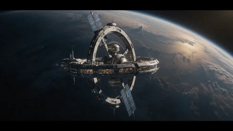 Back in Space 1. A distant orbital station rotates peacefully above a planet