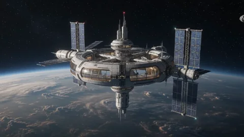 Back in Space 2. A bright orbital station glides calmly above a planet