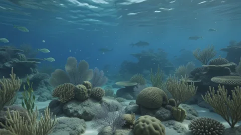 Blue Reef. A calm coral reef with fish in natural blue-green light.