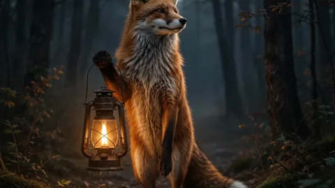 Lantern Fox. A fox quietly watches the forest beside a warm lantern.