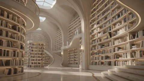 Biblioteca viva 1. Una biblioteca meditativa con movimiento sutil y libros que flotan suavemente.